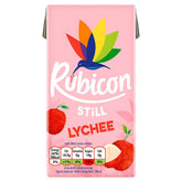 A 1-litre carton of Rubicon Lychee Still Juice Drink features a colorful hummingbird logo, vivid lychee fruit images, and front-of-pack nutritional info, showcasing its refreshing tropical flavor.